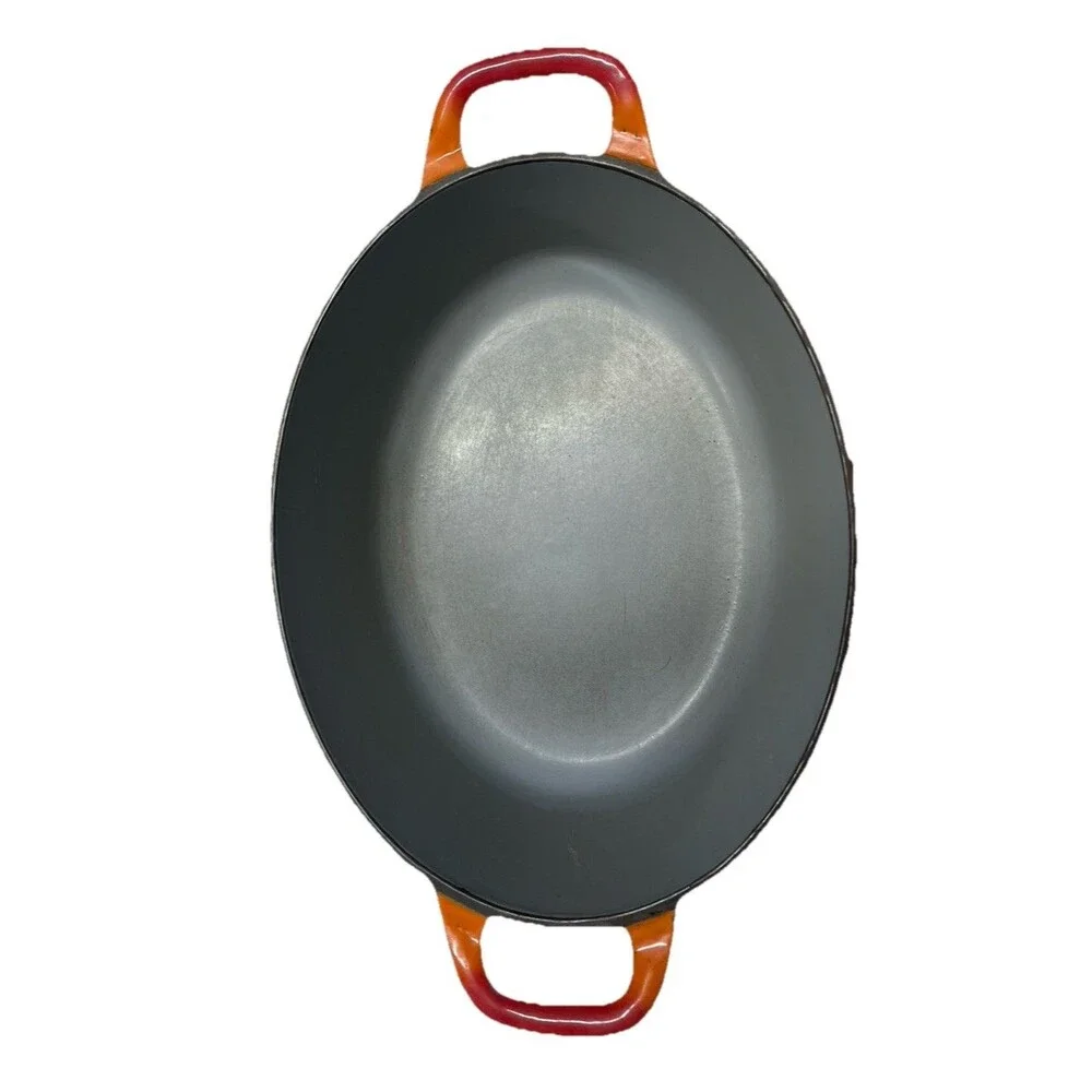 Vintage Flame Orange  Dutch Oven 4 Quart Enamel Cast Iron Oval Belgium MCM